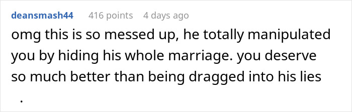 Comment on woman&rsquo;s relationship struggle after discovering boyfriend&rsquo;s secret marriage, highlighting manipulation and emotional impact.
