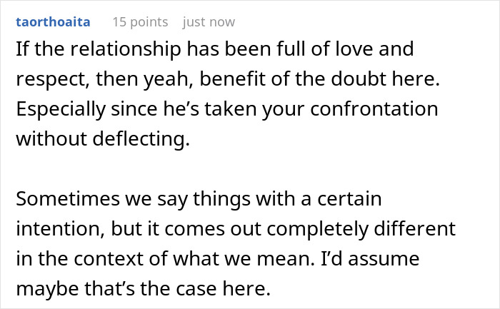 Screenshot of a Reddit comment discussing relationship respect and confronting issues without deflecting, reflecting wife realizing hubby downgrade. Screenshot of a Reddit comment discussing relationship respect and confronting issues without deflecting, reflecting wife realizing hubby downgrade.