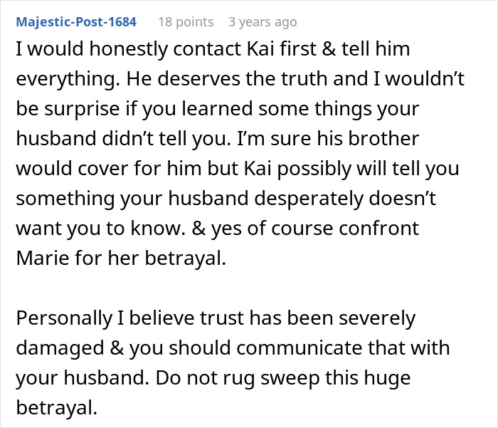 Screenshot of a forum comment discussing a husband's cheating, trust issues, and confronting betrayal.