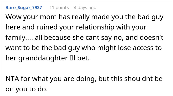 Reddit comment discussing family issues and expectations of grandma to support wife being a stay-at-home mom financially.