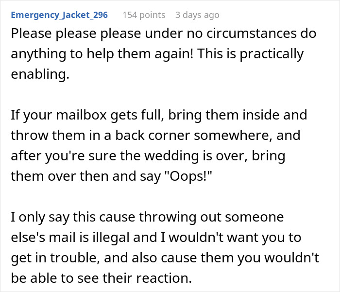 Text post discussing advice against helping deliver misdelivered fancy wedding invites to a neighbor.