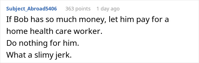 Comment expressing frustration over husband lying about inheritance and wanting to leave wife who cares for him with nothing.