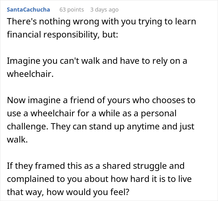 Comment discussing privilege and personal challenges, highlighting the impact on friendships and social awareness.