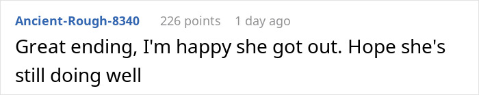 Comment text in black font on white background about a great ending and hope for well-being.