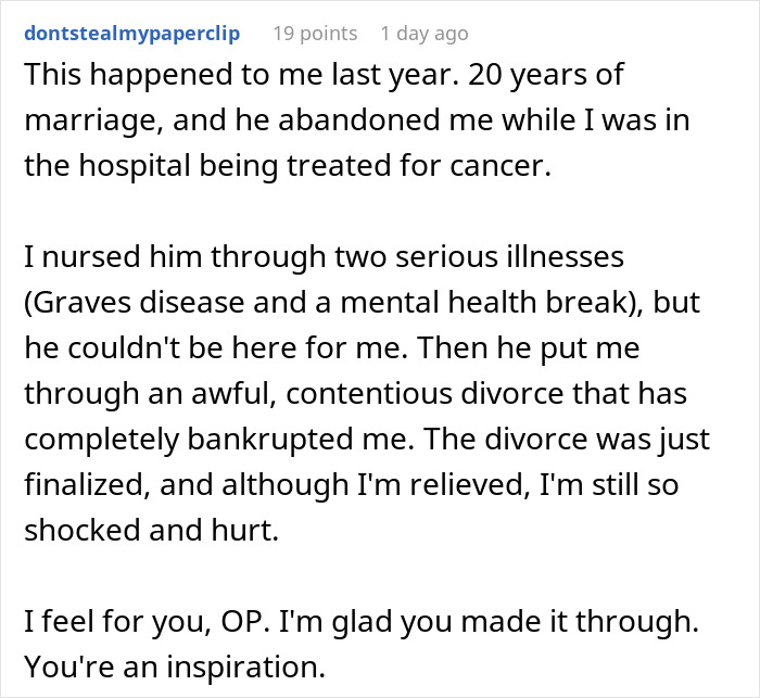 Woman shares painful experience of abandonment and divorce after supporting husband through illness and hospital stay. Woman shares painful experience of abandonment and divorce after supporting husband through illness and hospital stay.