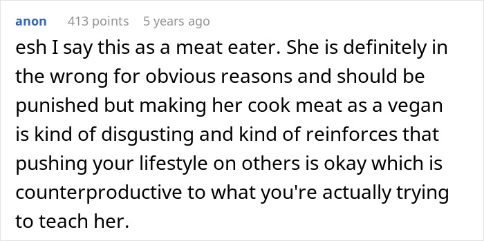 Comment discussing a mom called disgusting for making vegan teen cook meat to teach a lesson about wasting food.