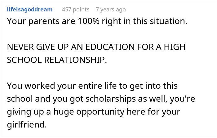 Screenshot of a Reddit comment advising parents not to support their son's teenage love risking his future and education opportunities.