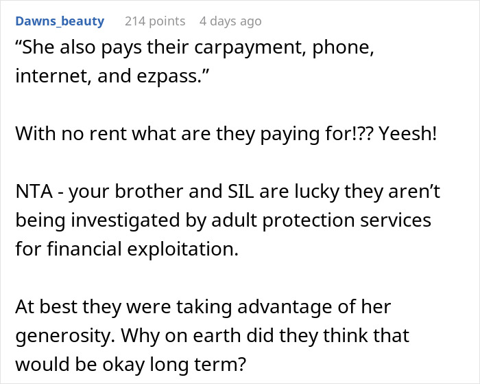 Comment discussing family expecting grandma to financially support them so wife can be a stay-at-home mom, highlighting entitlement.