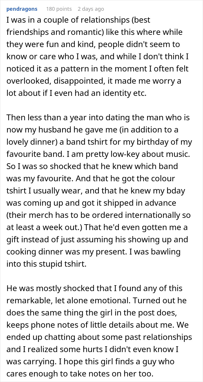 Text post about romantic indifference, highlighting a boyfriend who kept notes on favorite foods but couldn't name his girlfriend's cat.