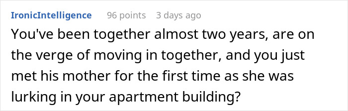 Comment about mom inspecting boyfriend&rsquo;s apartment before moving in, with focus on dorm inspector and boyfriend&rsquo;s digs.