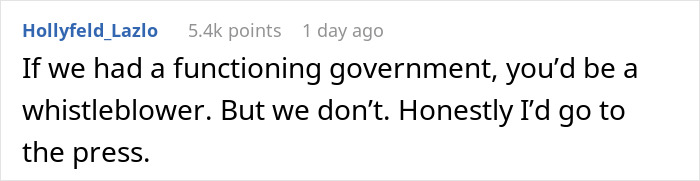 Text comment from Hollyfeld_Lazlo about government and whistleblowers, displayed in a social media post format. Text comment from Hollyfeld_Lazlo about government and whistleblowers, displayed in a social media post format.
