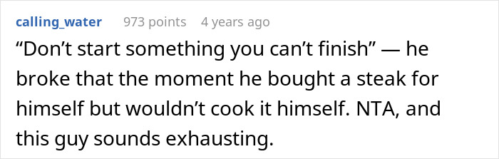 Text post discussing refusing to pay husband after he burnt a steak he cooked himself, highlighting frustration in cooking.