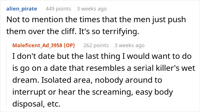Conversation screenshot showing comments about men abandoning their partners during outdoor activities, discussing safety concerns and fears.