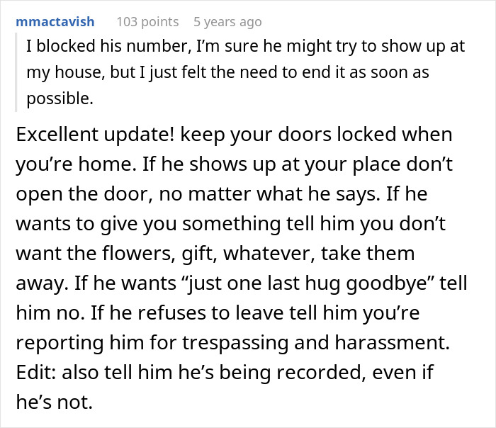 Comment about blocking and safety advice from a man who pursues woman and nags her every day to lose weight.