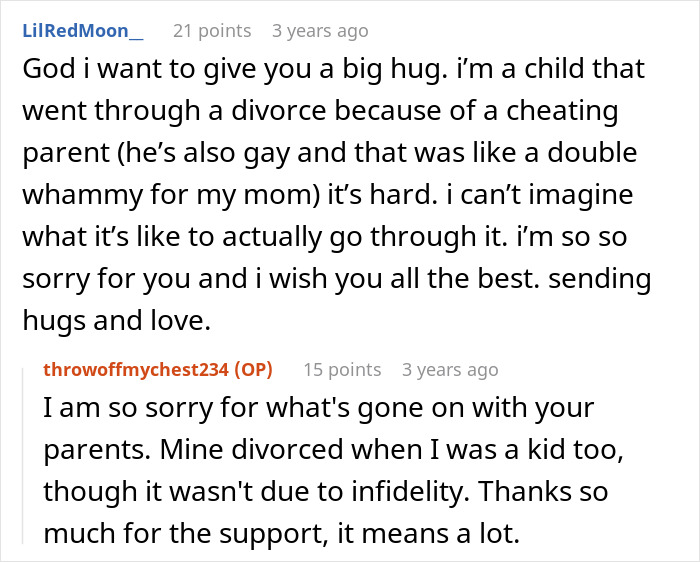 Reddit comments discussing pain caused by cheating and divorce, reflecting on infidelity and family impact.
