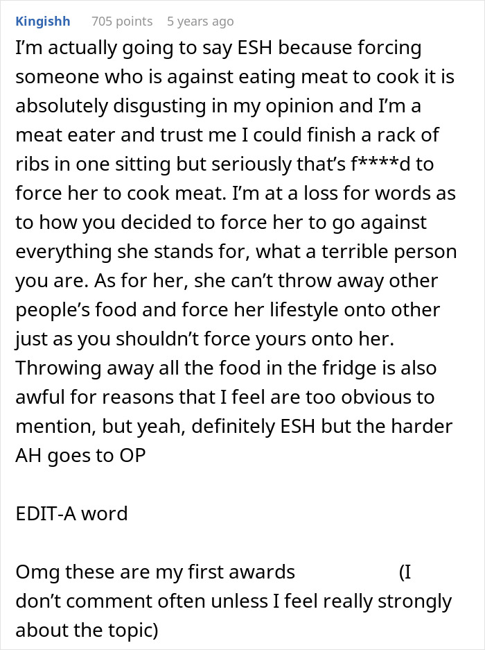 Comment discussing a mom forcing vegan teen to cook meat to teach a lesson about wasting food and dietary conflicts.