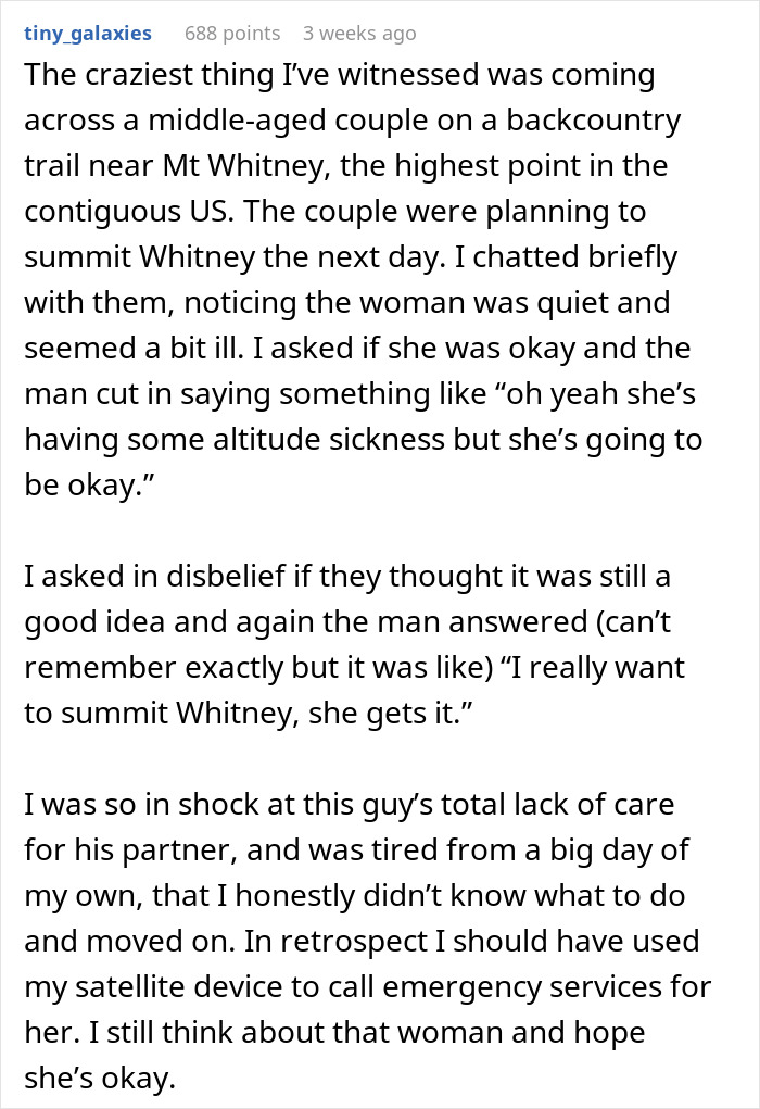 Text post from tiny_galaxies describing men abandoning partners during outdoor activities, sharing a shocking hiking experience.
