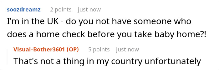 Screenshot of an online conversation discussing home checks before taking a baby home amid concerns about a cluttered living environment.