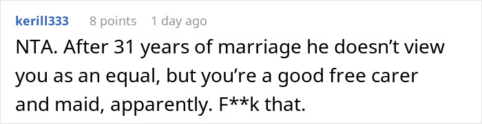 Comment criticizing husband lying about inheritance and wanting to leave wife who cares for him with nothing after 31 years of marriage.