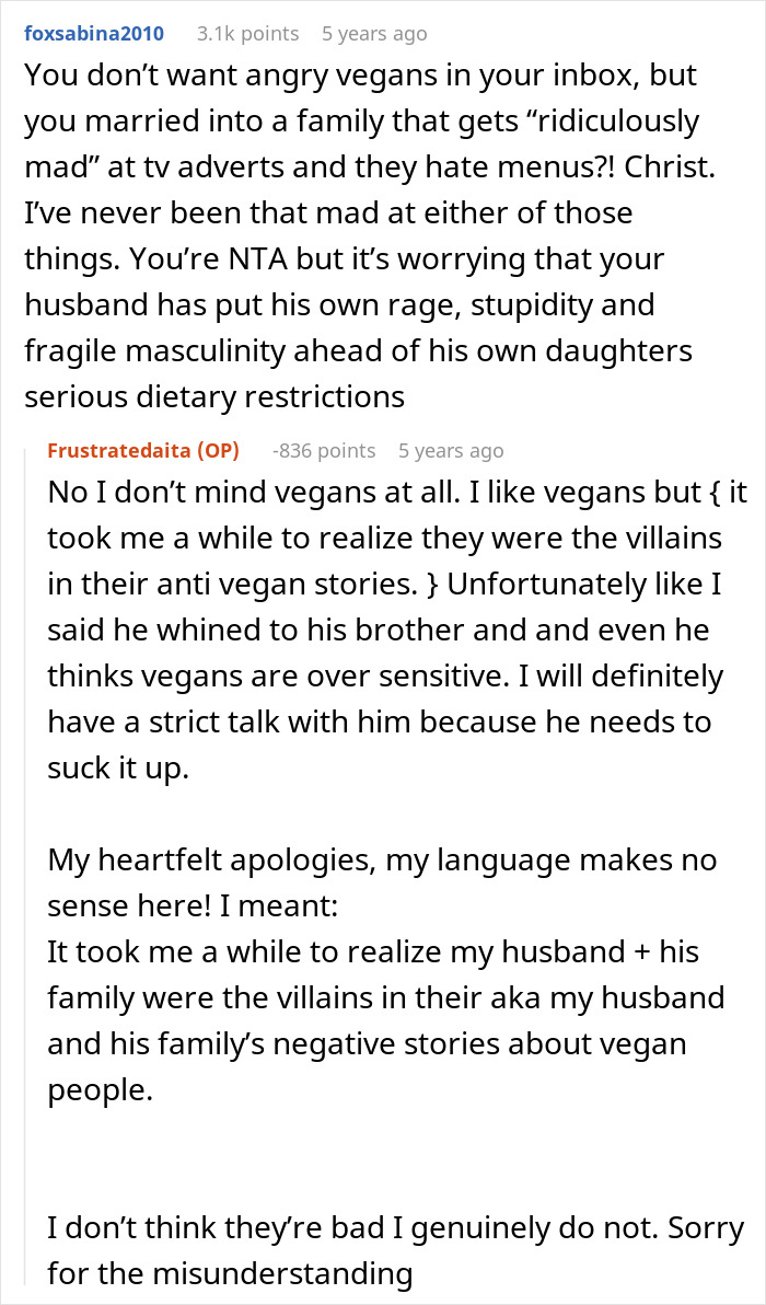 Reddit comments discussing husband&rsquo;s vegan-hating behavior affecting daughter&rsquo;s friendships and family dietary conflicts.
