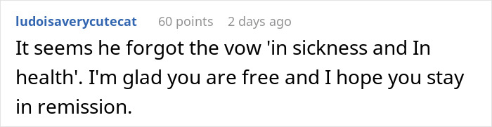 Comment about a man abandoning his husband during a difficult time and facing consequences, shared on a social platform. Comment about a man abandoning his husband during a difficult time and facing consequences, shared on a social platform.