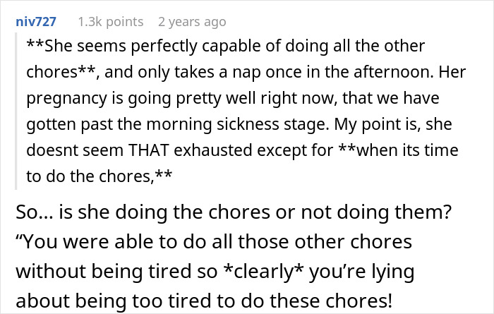 Screenshot of an online discussion where a user calls out a delusional guy refusing to help his pregnant wife with chores despite being the breadwinner.