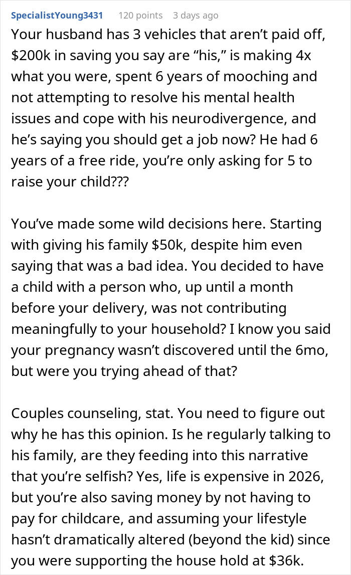Comment discussing a woman dealing with her husband’s entitled family over not having a job while raising a child. Comment discussing a woman dealing with her husband’s entitled family over not having a job while raising a child.