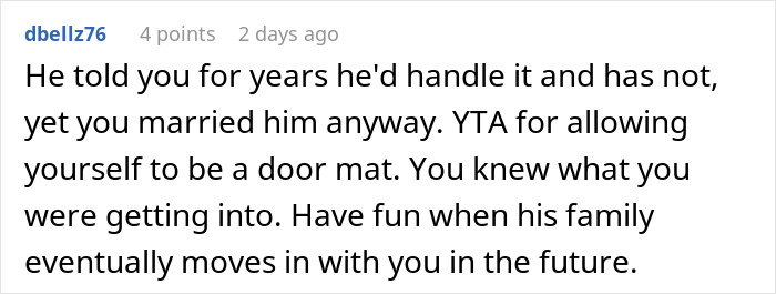 Screenshot of an online comment discussing a wife feeling hurt and disrespected after husband approves his family&rsquo;s long stay without asking her.