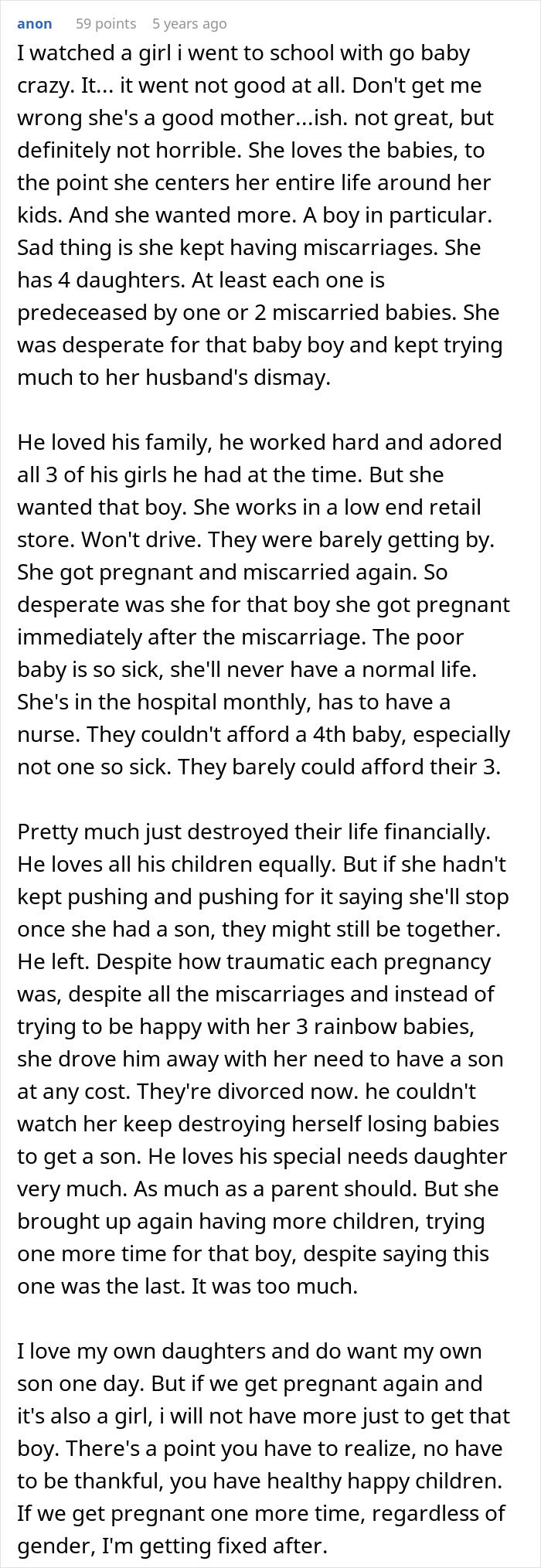 Comment revealing how delusional parents sacrifice teen daughter's education for sixth baby miracle despite hardships.