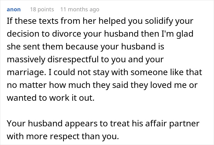Screenshot of a comment discussing texts between a woman and a married man, highlighting disrespect in the marriage.