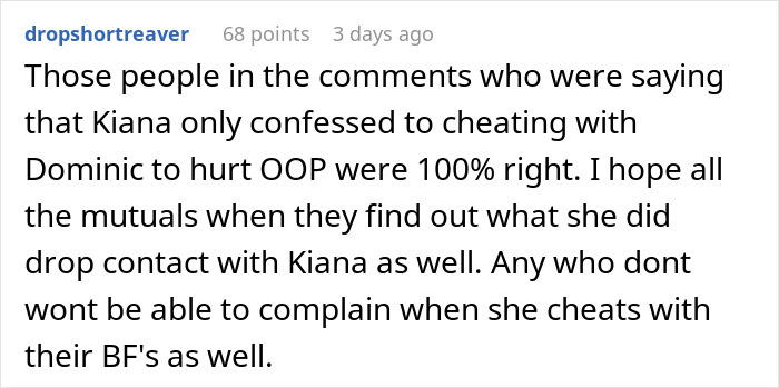 Commenter discusses cheating confession and warns about consequences in relationships involving a cheater and betrayal secrets.