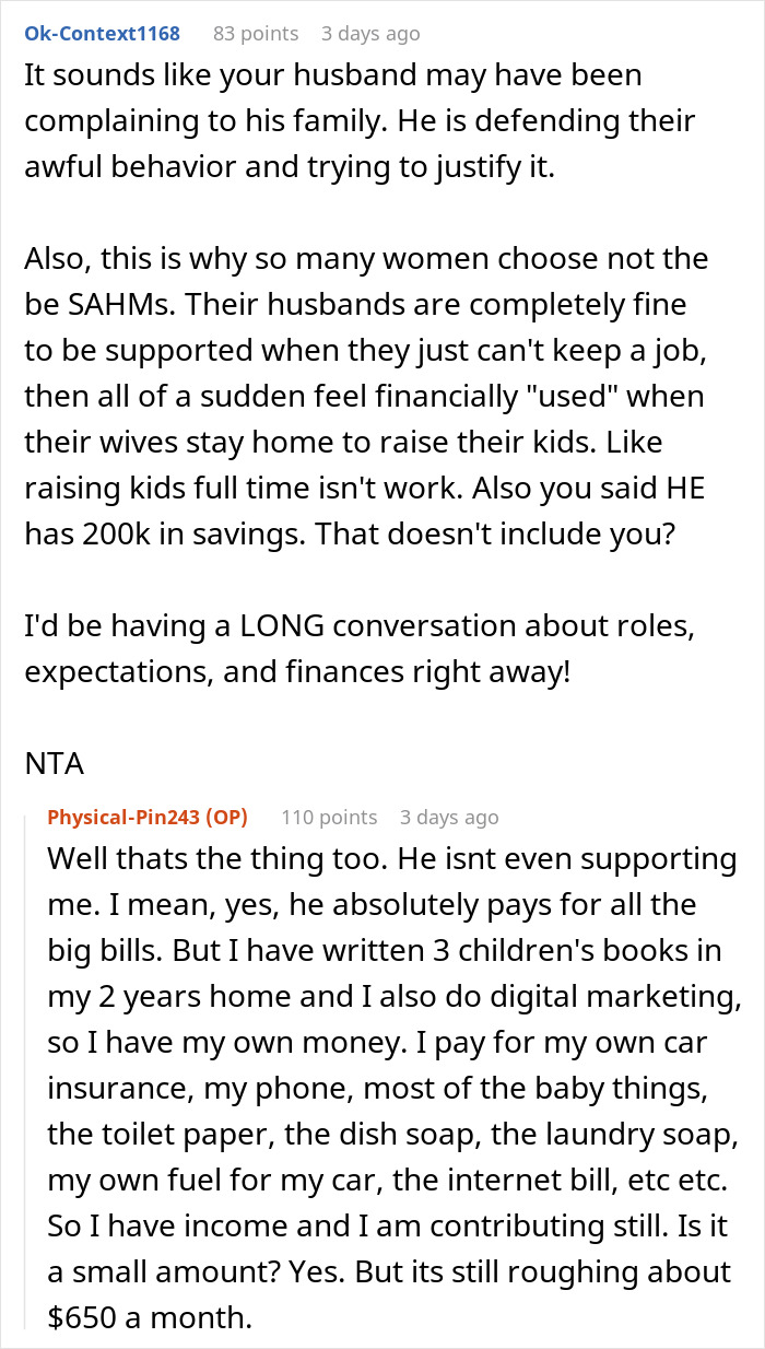 Reddit comments discussing a woman’s experience with her husband’s entitled family and her job contributions at home. Reddit comments discussing a woman’s experience with her husband’s entitled family and her job contributions at home.