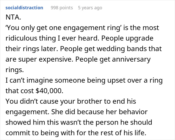 A Reddit post titled NTA discusses a sister's take on a brother's fianc&eacute;e's $40K ring complaint.