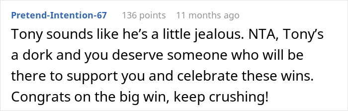 Screenshot of online comment criticizing man who dismisses girlfriend&rsquo;s career milestone and accuses her of unethical success.