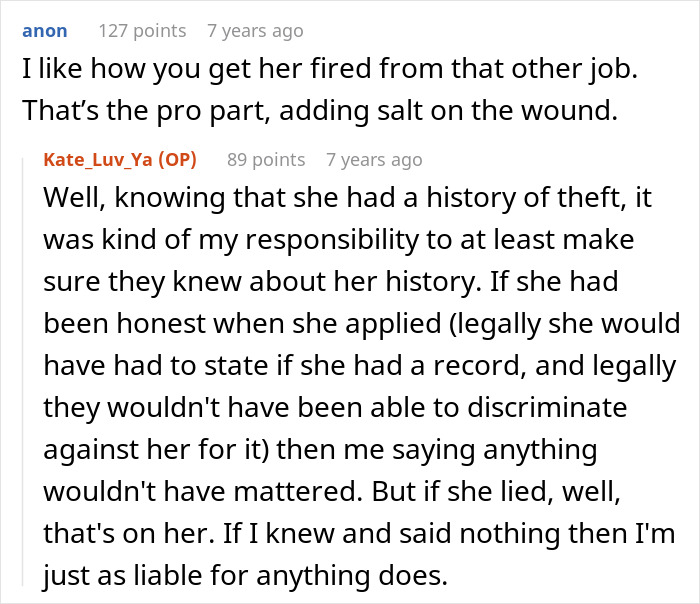 Alt text: Online conversation exposing office bully&rsquo;s theft and actions that led to her losing two jobs with security involvement.