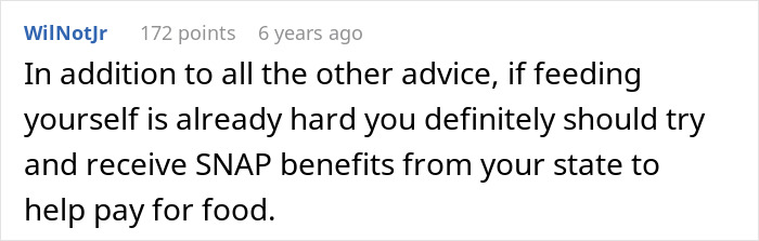 Screenshot of an online comment advising to apply for SNAP benefits to help pay for food, related to single man’s legal father role. Screenshot of an online comment advising to apply for SNAP benefits to help pay for food, related to single man’s legal father role.