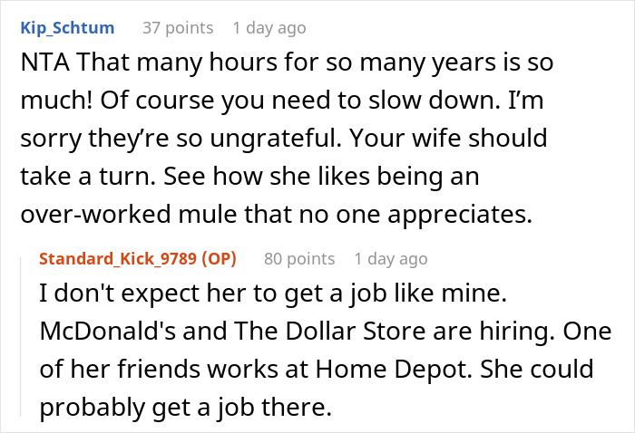 Online forum discussion about a homemaker lamenting adult kids not having luxury cars and exhausted hubby suggesting she get a job.