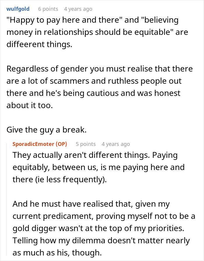 Reddit conversation discussing caution and honesty in a gold-digger test situation in relationships and money.