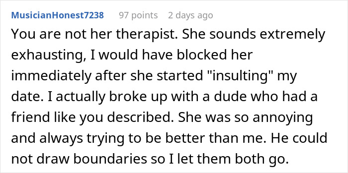 Screenshot of a social media comment discussing a woman trying to make a friend of 10 years fall in love, then getting blocked.