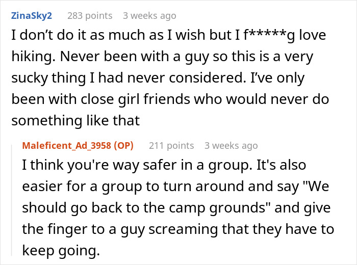 Online discussion about men abandoning their partners during outdoor activities, focusing on hiking experiences and group safety.