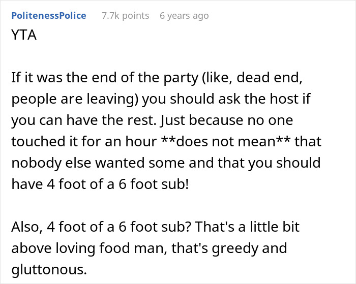 Text post from a forum discussing eating a bigger share of sandwich at a party as greedy and impolite behavior.