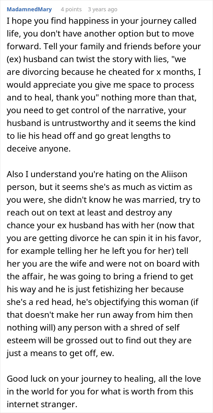 Comment discussing a woman&rsquo;s innocent goofy joke revealing her husband is a horrible, cheating jerk in a heartfelt message.