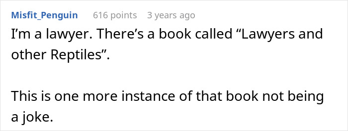 Screenshot of a Reddit comment by a lawyer referencing the book Lawyers and other Reptiles as not being a joke. Screenshot of a Reddit comment by a lawyer referencing the book Lawyers and other Reptiles as not being a joke.