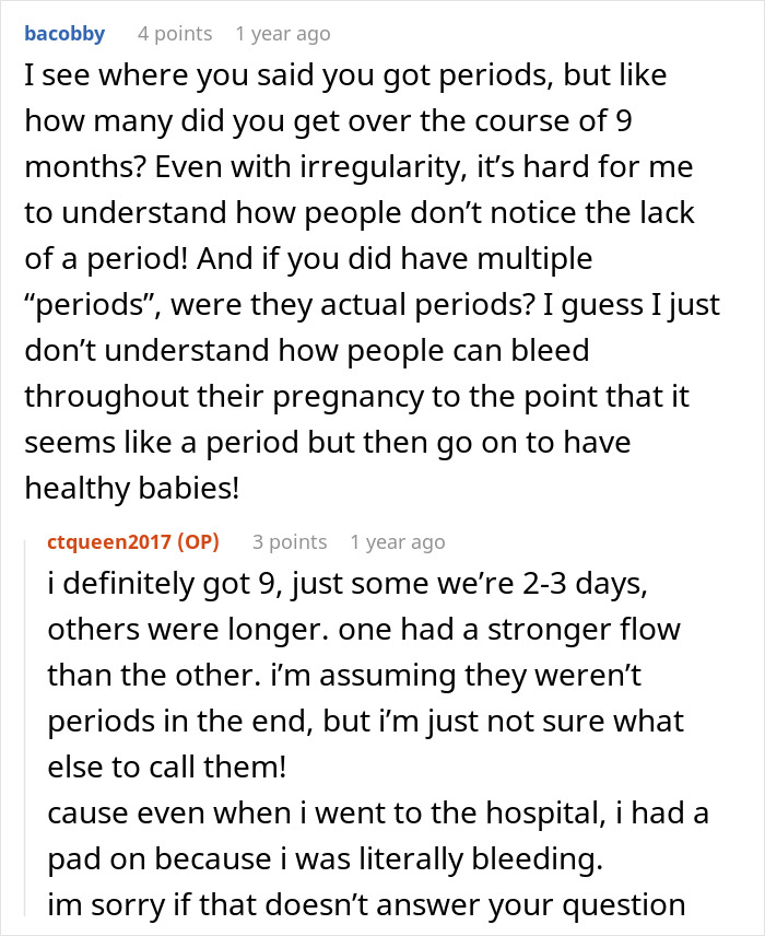 Screenshot of an online conversation discussing pregnancy bleeding and periods during pregnancy.