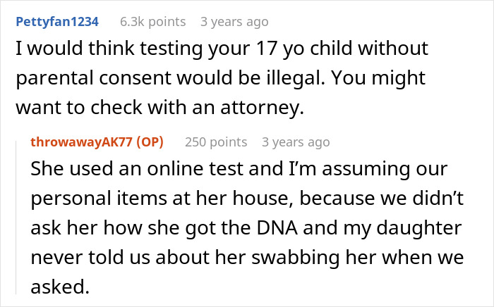 Reddit conversation about a MIL secretly DNA testing grandkid causing family conflict online discussion.