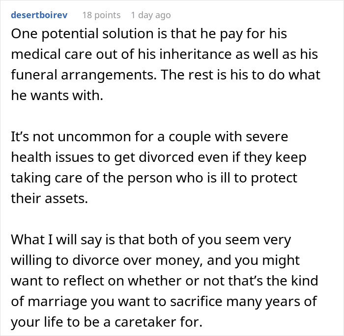 Comment discussing husband lying about inheritance and wife caring for him, addressing marriage and money issues.