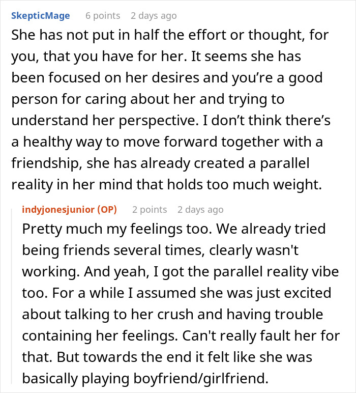 Reddit conversation about a woman trying to make a friend of 10 years fall in love and getting blocked instead.