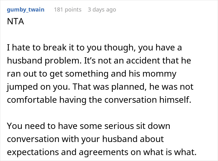Reddit comment discussing a woman confronting her husband's entitled family over her not having a job. Reddit comment discussing a woman confronting her husband's entitled family over her not having a job.