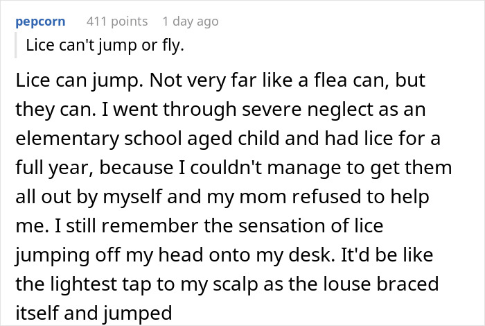 Text excerpt discussing experiences with lice infestation and neglect, highlighting challenges in treating lice over an extended period.
