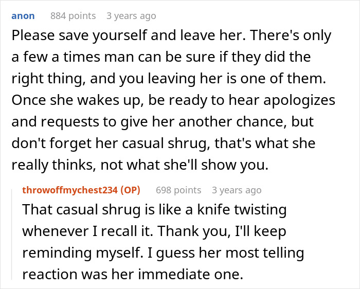 Reddit conversation about woman admitting to cheating multiple times and husband telling her parents before leaving.